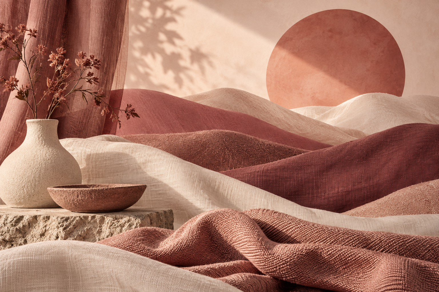 layered blush terracotta and cream textiles arranged as abstract landscape, warm interior editorial still life